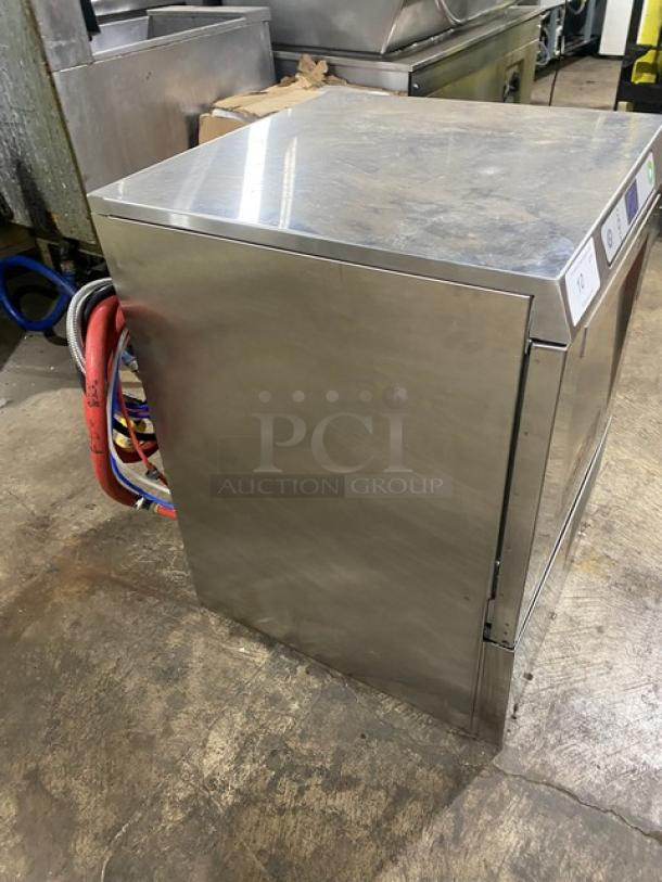 Hobart LXEC commercial stainless steel undercounter dishwasher, Energy Star certified, with full-size cup rack, side view.