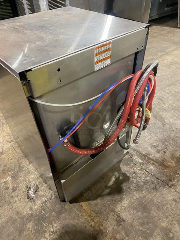 Hobart Model LXEC commercial undercounter dishwasher, stainless steel, Energy Star certified, 120V, includes cup rack.