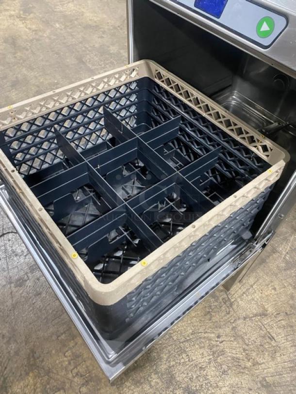 Hobart LXEC commercial stainless steel undercounter dishwasher with full-size cup rack and extender, Energy Star certified.