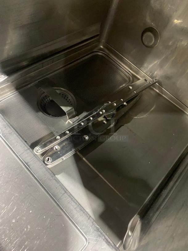 Hobart LXEC stainless steel undercounter dishwasher, new body style, Energy Star certified, with full-size cup rack and extender.