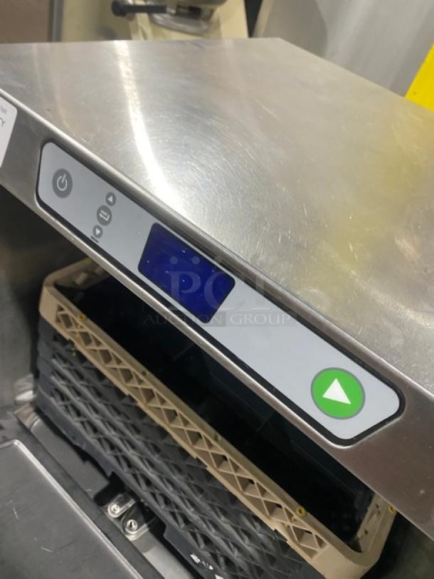 Hobart LXEC commercial stainless steel undercounter dishwasher, energy-efficient, with control panel and cup rack.