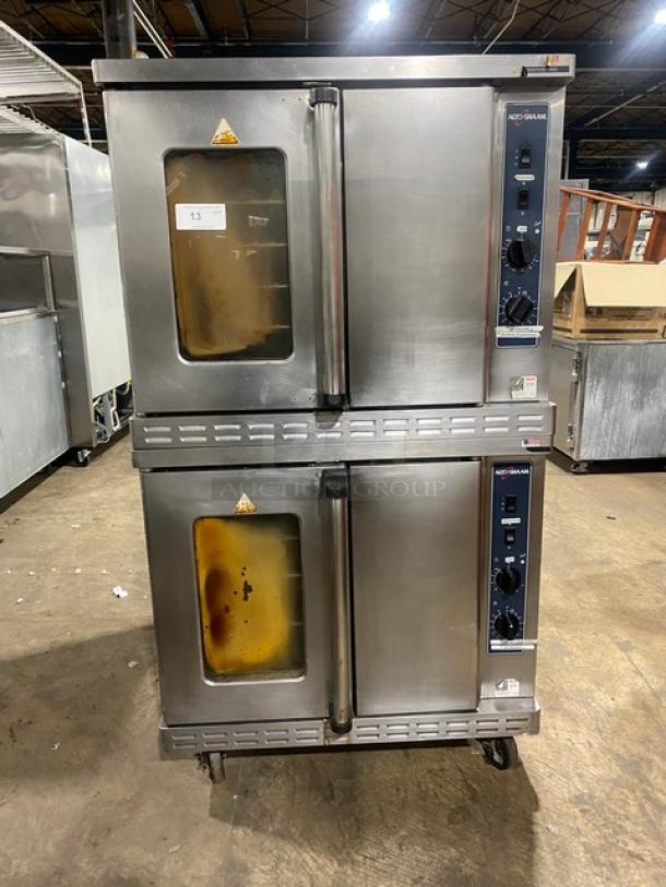Auto-shaam ASC-4G double stacked convection oven, stainless, natural gas, thermostatic controls, 2018 model, on casters.