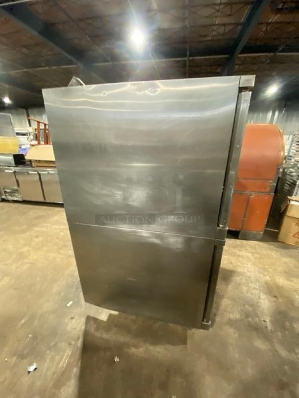 Alto-Shaam ASC4G convection oven, stainless steel, natural gas, double stacked, 120V 1 phase, on casters, thermostatic controls.