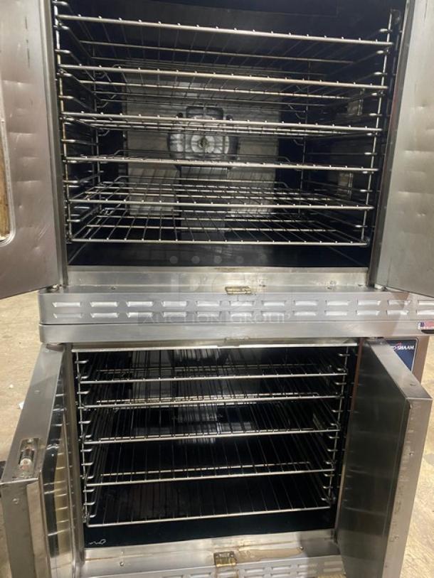 Alto-Shaam 2018 Platinum Series double-stacked convection oven, stainless steel, model ASC-4G, natural gas, thermostatic controls.