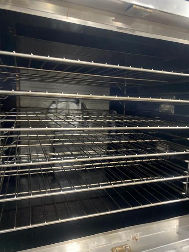 Alto-Shaam 2018 Platinum Series double convection oven, Model ASC4G, stainless steel, natural gas, thermostatic controls, on casters.