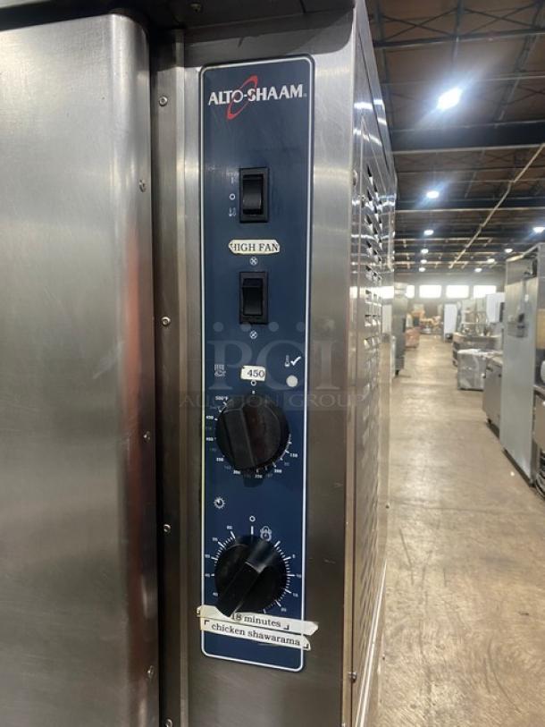 Alto-Shaam ASC-4G convection oven, stainless steel, thermostatic controls, 2018 model, natural gas, on casters.