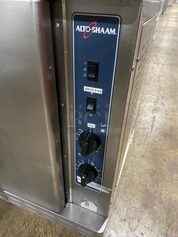 2018 Alto-Shaam Platinum Series stainless steel double convection oven, Model ASC4G, natural gas, with thermostatic controls.