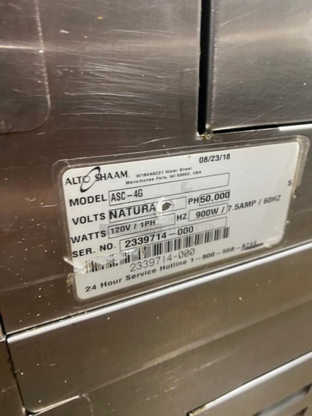 Alto-Shaam 2018 Platinum Series stainless steel convection oven, Model ASC-4G, natural gas, thermostatic controls, on casters.