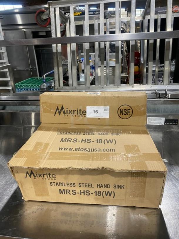 New Mixrite MRSHS18 stainless steel hand washing sink in original packaging. Model MRS-HS-18 with NSF certification.