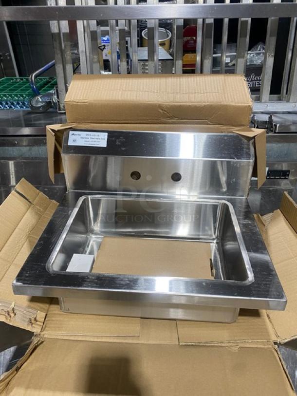 New Mixrite MRSHS18 stainless steel hand washing sink with backsplash, new condition, visible model label, ideal for commercial use.