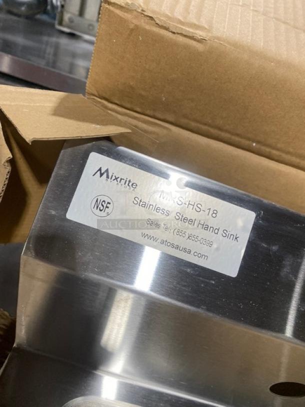 Mixrite MRSHS18 stainless steel hand washing sink with back splash, new condition, NSF label visible.