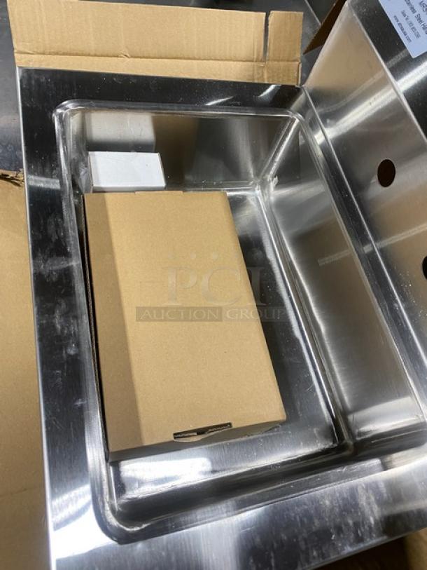 New Mixrite stainless steel hand washing sink, model MRSHS18, featuring back splash. Pristine condition.