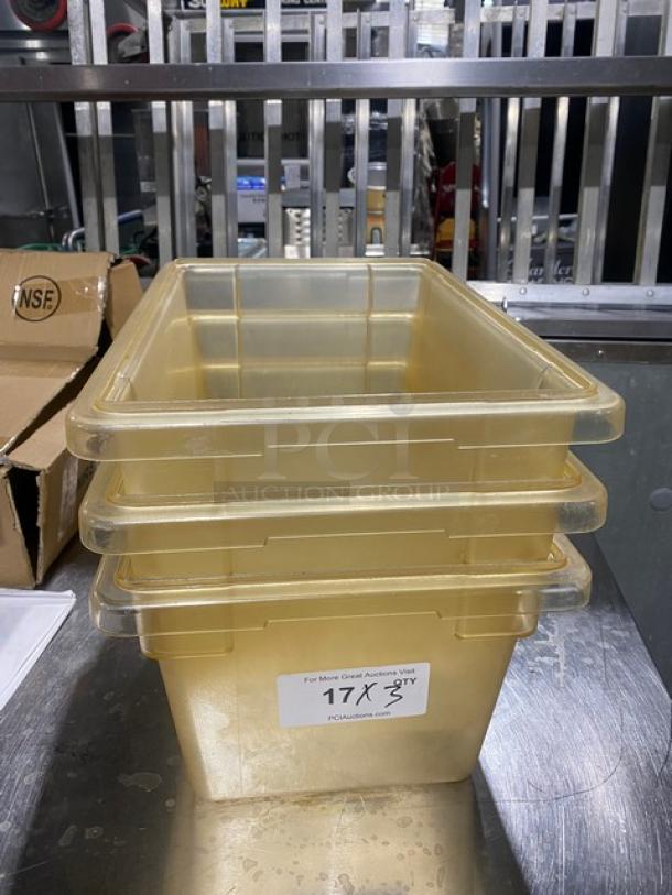 Commercial amber food storage container, stackable, durable plastic, NSF certified, auction label reads "17X 3Y".