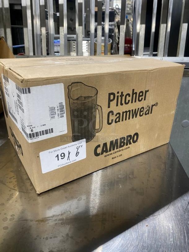 Cambro Camwear Series 60 oz pitcher box, model P60CW135, new condition. Contains six clear beverage pitchers.
