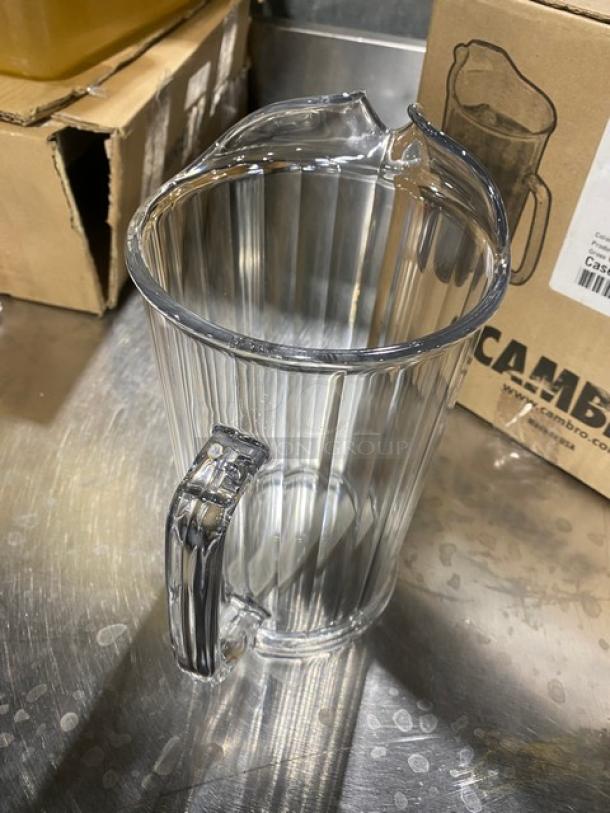 Brand new Cambro Camwear P60CW135 60 oz. clear pitcher. Ribbed design, sturdy handle. Ideal for commercial use.