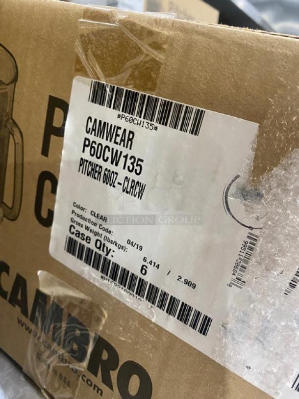 Brand new Cambro Camwear Series 60 oz. clear beverage pitcher, model P60CW135, set of 6, in original packaging.