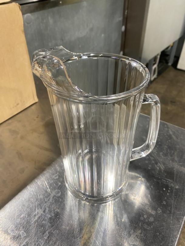 Brand new Cambro Camwear Series clear 60 oz beverage serving pitcher, model P60CW135, commercial grade, durable design.