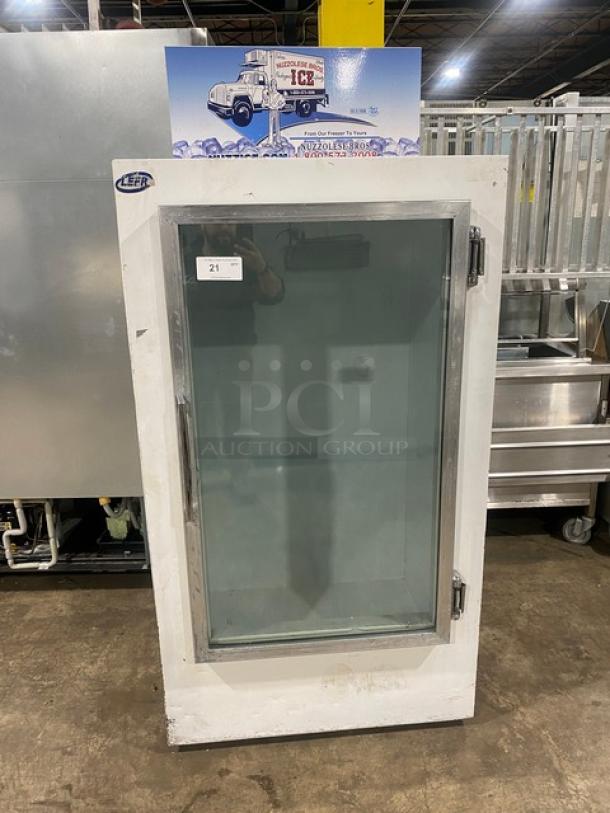 Leer Commercial White Single Glass Swing Door Reach-In Ice Merchandiser Freezer, Model 301UC25MG, visible Leer logo.