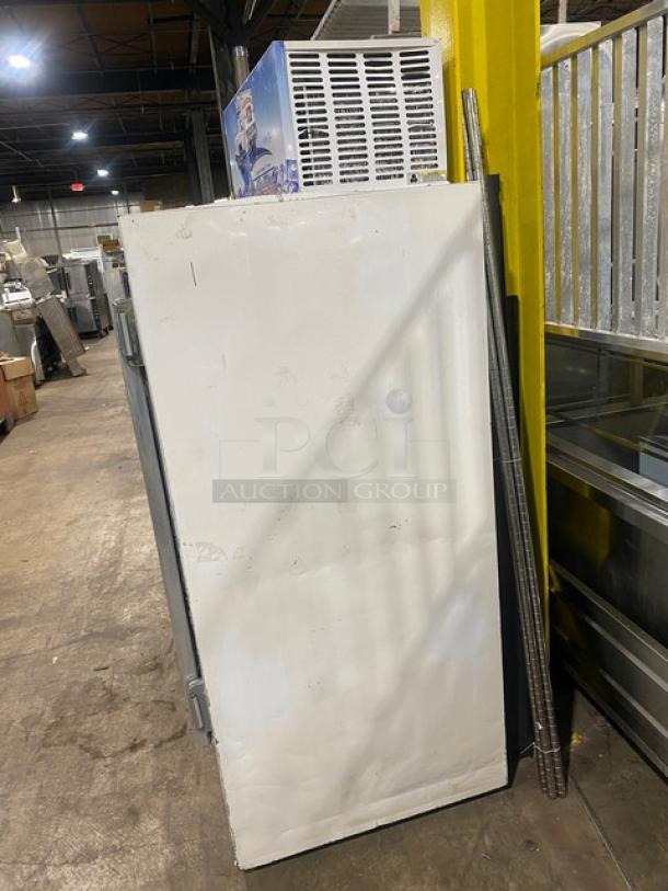 Leer Commercial Ice Merchandiser Freezer, Model 301UC25MG. White single glass swing door, indoor use. Visible wear.