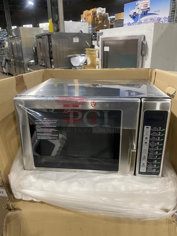 NEW Menumaster RFS12TSW commercial stainless steel countertop microwave oven with digital push button controls, 120V.