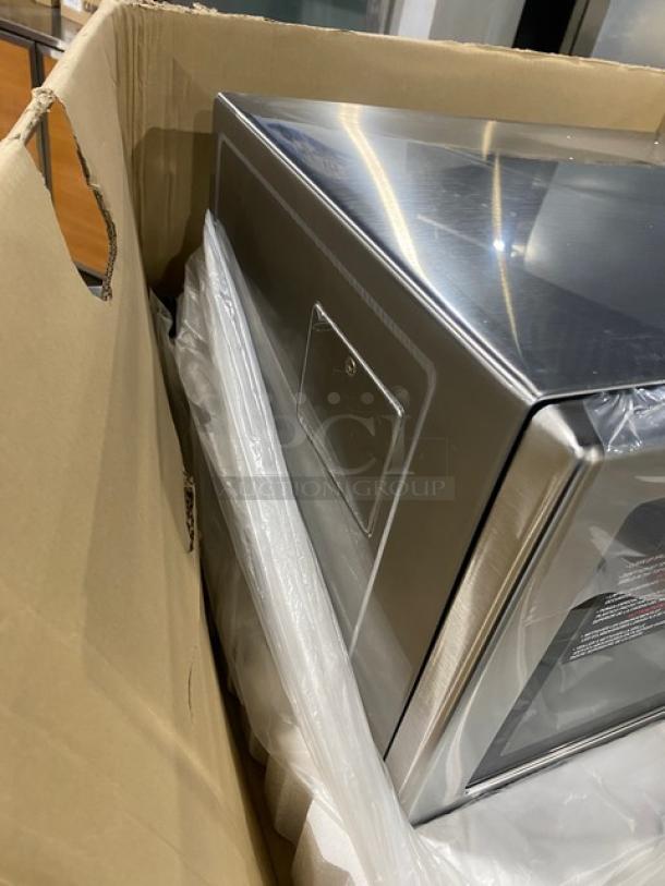 New Menumaster RFS12TSW commercial microwave oven in box, stainless steel, digital controls, 120V.