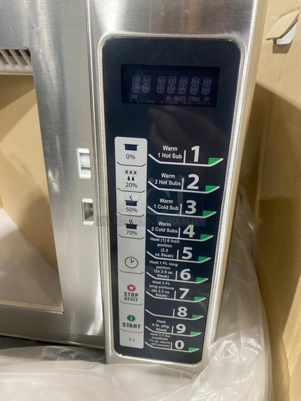 NEW Menumaster RFS12TSW commercial stainless steel microwave, digital controls, 120V, in original packaging, SN: 1301510098.