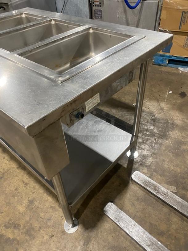 Wells MOD300TDM electric 3-well steamtable, stainless steel, with undershelf, on legs, 208/240V, clear condition.