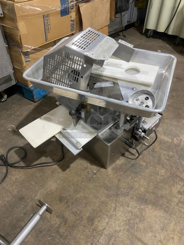 Commercial stainless steel electric burger patty forming machine, countertop model, 115V, 1 phase, sturdy design, used condition.