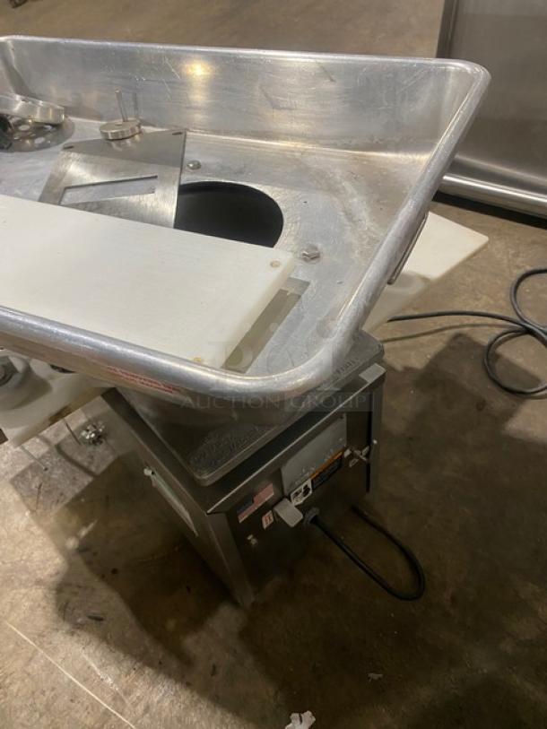 Commercial stainless steel electric burger/patty forming machine, countertop model, 115V, 1 phase, visible power cord, solid condition.