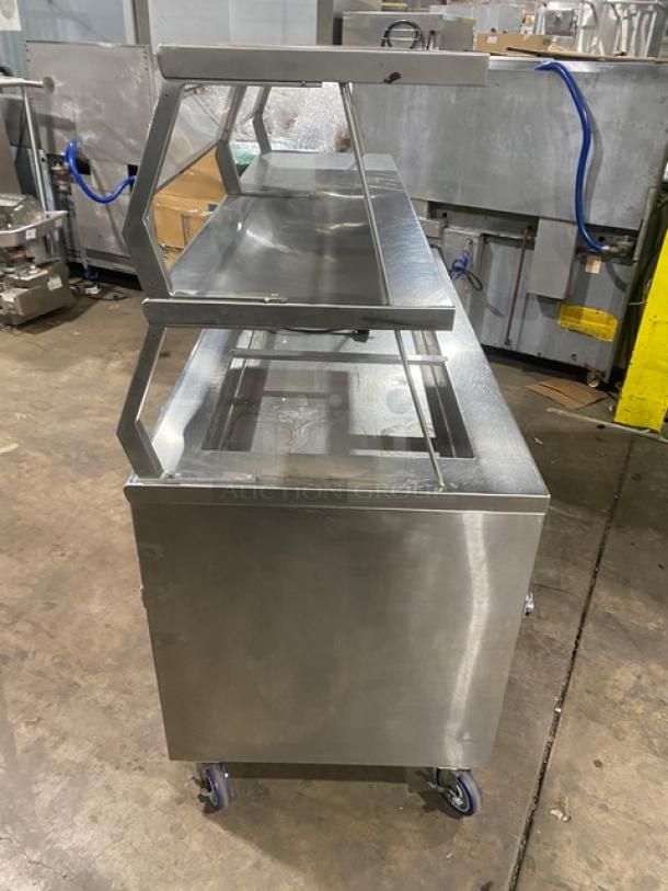 Precision SST2024RTNYC stainless steel cold food/salad bar with double overhead shelf, 120V, 1-phase, on casters.