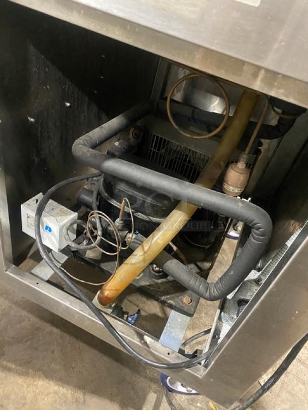 alt="Precision Stainless Steel Refrigerated Cold Food/Salad Bar, Model SST2024RTNYC, with double overhead shelf, on casters. Electrical components and wiring visible. 120V, 1 Phase."