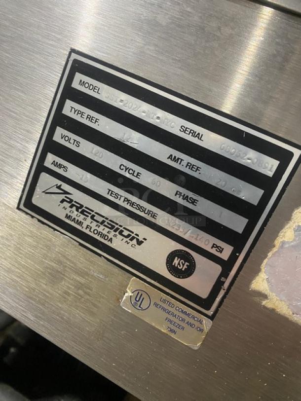 Precision SST-2024-RT-NYC refrigerated salad bar, stainless steel, with double overhead shelf and casters. Serial: 68062-0891.