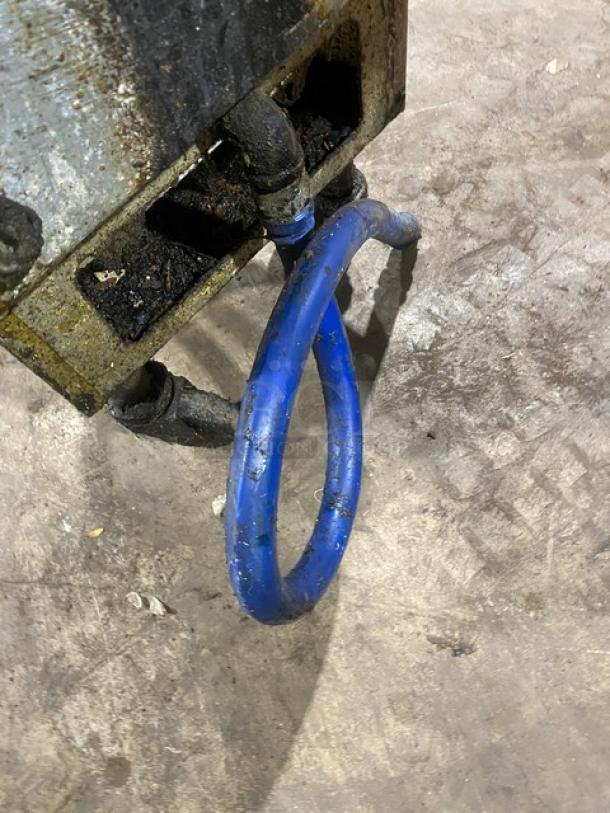 Pitco VF35 commercial stainless steel deep fat fryer on casters, featuring blue gas connection hose.