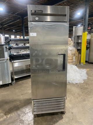 True T-23F commercial stainless steel single door freezer, with poly coated wire rack, on casters, model SN: 5175087.