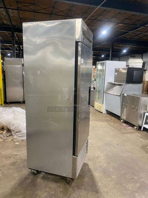 True T-23F commercial stainless steel single door reach-in freezer on casters. Includes poly coated wire rack. Model: T-23F SN: 5175087. 115V, 1 phase.
