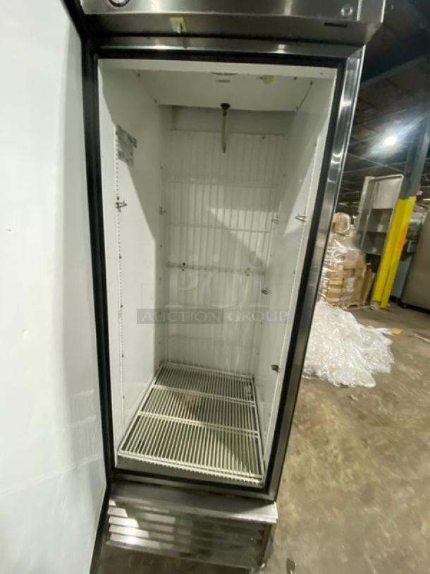 True T-23F commercial stainless steel single door reach-in freezer with poly coated wired rack. Model: T-23F, SN: 5175087, 115V, 1 Phase, on casters.