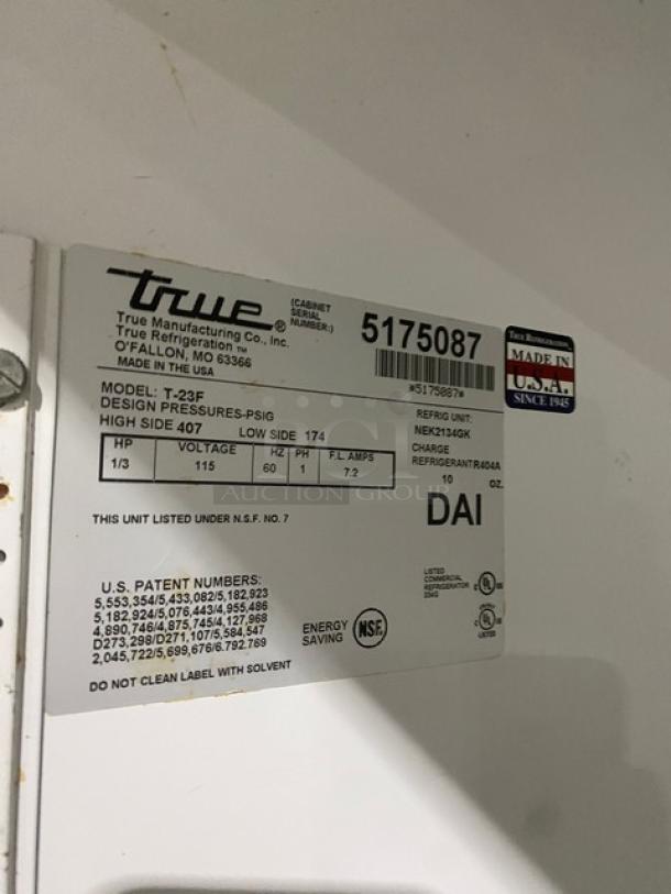 True T-23F commercial single door reach-in freezer label, SN: 5175087, 115V, 1 phase, made in USA, on casters.