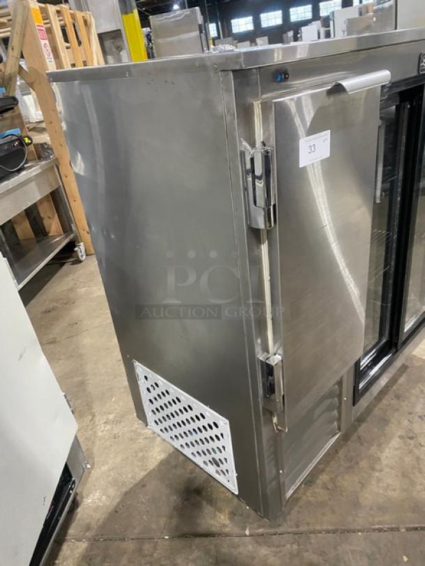 Leader LB48SC stainless steel worktop refrigerator with double glass sliding doors and chrome rack, 48", Model SN: AB05C2226.