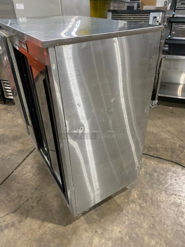 Leader LB48SC stainless steel 48" worktop refrigerator, double glass sliding doors, chrome rack, commercial model.