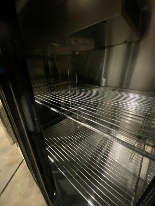 Leader LB48SC stainless steel worktop refrigerator, 48", with double glass sliding doors and chrome-plated wire rack.