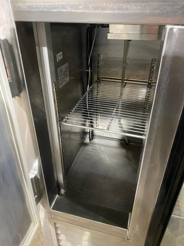 Leader LB48SC stainless steel lowboy refrigerator, 48" with double glass sliding doors, chrome plated wired rack, model LB48SC.