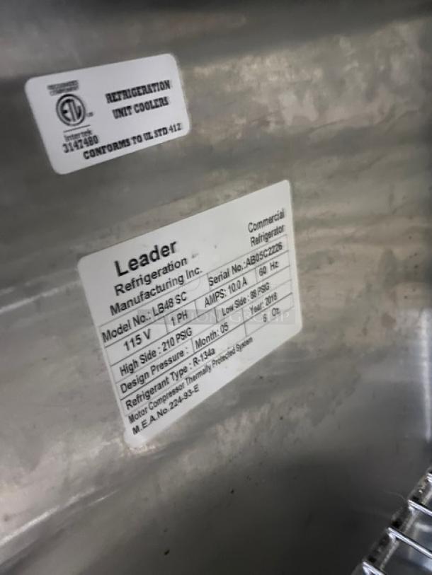 Leader LB48SC commercial stainless steel 48" worktop refrigerator with double glass sliding doors and chrome rack. Model LB48SC, SN: AB05C2226.