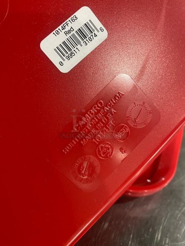 Cambro red rectangular fast food tray, Model 1014FF163. Features barcodes and embossed branding. Good condition.