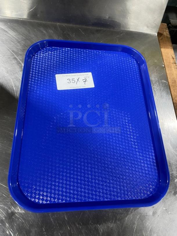 Cambro 1418FF blue rectangular serving tray, commercial use, textured surface, excellent condition, label reads "35X 7."
