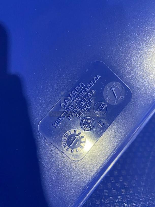 Cambro 1418FF blue rectangular fast food tray with embossed branding and model details; durable and ideal for commercial use.