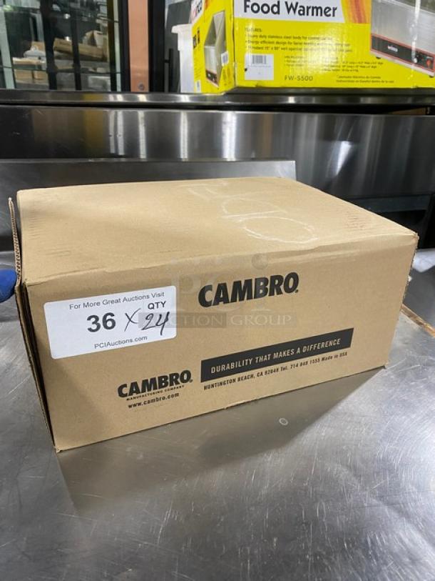 Box of Cambro commercial 10"x14" brown serving trays, model 1014FF167. New condition, 24 trays per box, durability emphasized.