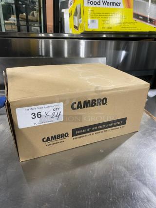 Box of Cambro commercial 10"x14" brown serving trays, model 1014FF167. New condition, 24 trays per box, durability emphasized.