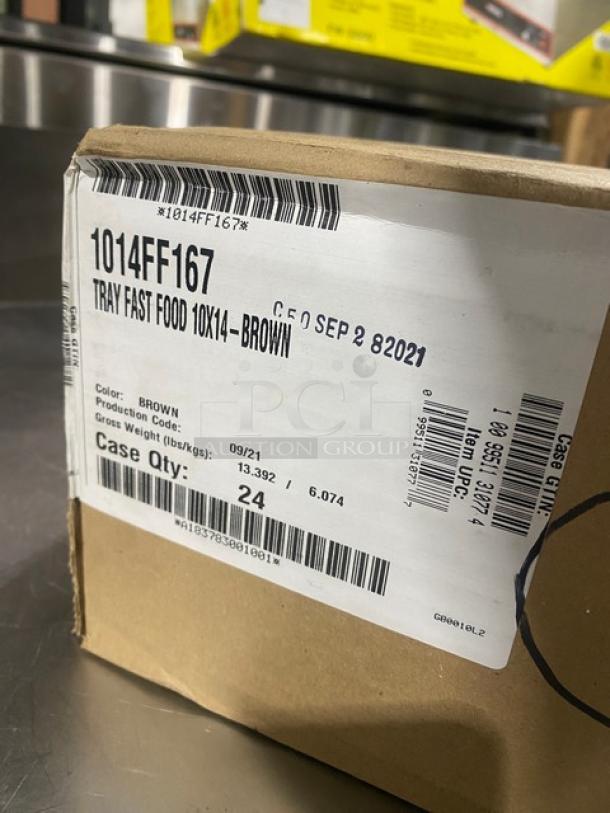 Cambro Commercial Brown 10"x14" Rectangular Tray, Model 1014FF167, new in box. Case of 24, label indicates specs and quantity.