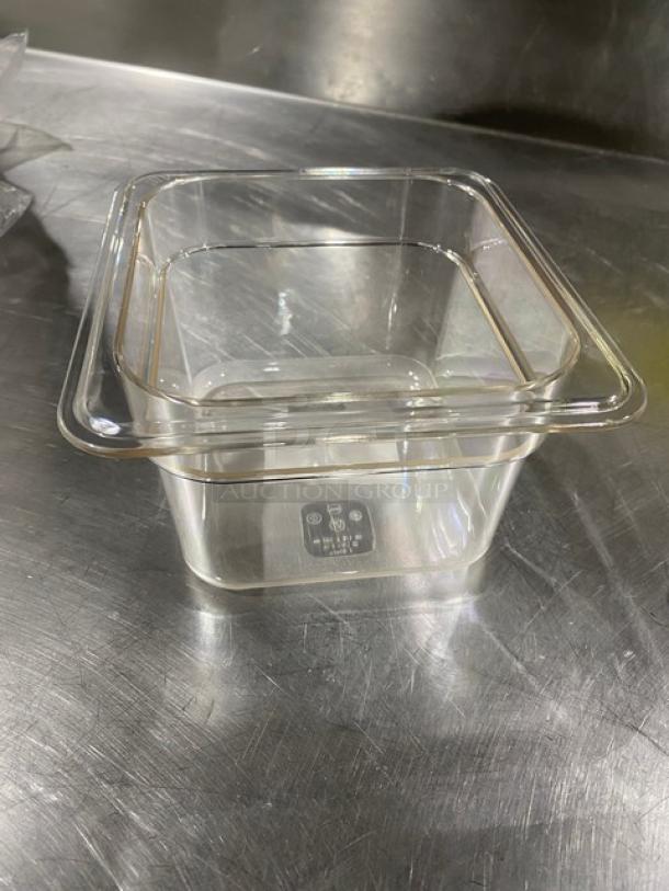 Winco SP7604 food pan, clear polycarbonate, 1/6 size, 4" deep, new condition, ideal for commercial use.