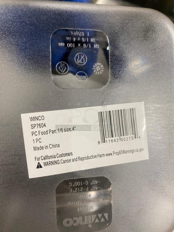 Winco SP7604 clear polycarbonate 1/6 size 4" deep food pan, new condition, labeled "Made in China," with warning tag.